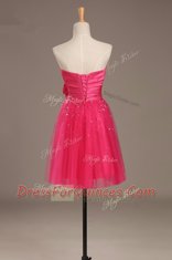 Coral Red A-line Beading and Hand Made Flower Lace Up Satin and Tulle Sleeveless Knee Length