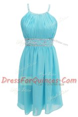 Chic Halter Top Sleeveless Knee Length Beading Criss Cross Prom Evening Gown with Aqua Blue