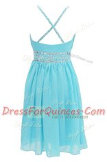 Chic Halter Top Sleeveless Knee Length Beading Criss Cross Prom Evening Gown with Aqua Blue