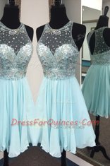 A-line Dress for Prom Light Blue Scoop Chiffon Sleeveless Knee Length Zipper