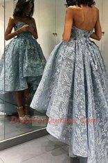 Amazing A-line Dress for Prom Grey Sweetheart Lace Sleeveless High Low Backless