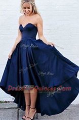 Best Selling Pleated High Low Navy Blue Prom Dresses Sweetheart Sleeveless Zipper