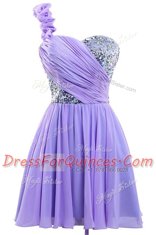 Fancy One Shoulder Sequins Mini Length A-line Sleeveless Lavender Prom Evening Gown Lace Up