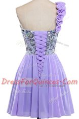 Fancy One Shoulder Sequins Mini Length A-line Sleeveless Lavender Prom Evening Gown Lace Up