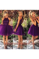 Knee Length Backless Prom Dress Purple for Prom and Party with Beading and Ruching
