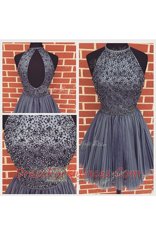 Knee Length Backless Prom Dress Purple for Prom and Party with Beading and Ruching