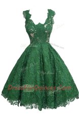 Glorious Scoop Sleeveless Prom Gown Knee Length Appliques Dark Green Lace