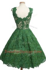 Glorious Scoop Sleeveless Prom Gown Knee Length Appliques Dark Green Lace