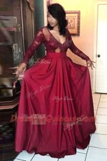 Luxurious Pleated Burgundy Long Sleeves Satin Zipper Prom Dress for Prom and Party
