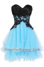 New Style Blue And Black Tulle Lace Up Sweetheart Sleeveless Mini Length Appliques
