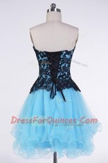 New Style Blue And Black Tulle Lace Up Sweetheart Sleeveless Mini Length Appliques