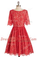 Scoop Short Sleeves Lace Prom Party Dress Belt Zipper