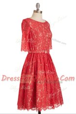 Scoop Short Sleeves Lace Prom Party Dress Belt Zipper
