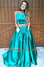 Green A-line Spaghetti Straps Sleeveless Satin Sweep Train Zipper Ruching