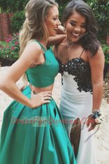 Green A-line Spaghetti Straps Sleeveless Satin Sweep Train Zipper Ruching