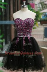 Modern Sleeveless Knee Length Beading Lace Up Evening Dress with Black