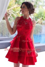 Unique Halter Top Sleeveless Tulle Knee Length Zipper Dress for Prom in Red with Lace and Ruffled Layers