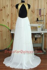 Vintage Chiffon Scoop Sleeveless Sweep Train Backless Sequins Prom Dress in White