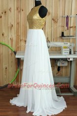 Vintage Chiffon Scoop Sleeveless Sweep Train Backless Sequins Prom Dress in White
