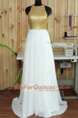 Vintage Chiffon Scoop Sleeveless Sweep Train Backless Sequins Prom Dress in White
