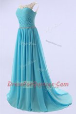 Sophisticated Baby Blue Zipper Scoop Beading Chiffon Sleeveless Sweep Train