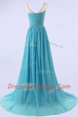 Sophisticated Baby Blue Zipper Scoop Beading Chiffon Sleeveless Sweep Train