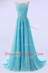 Sophisticated Baby Blue Zipper Scoop Beading Chiffon Sleeveless Sweep Train