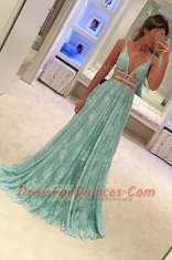 Excellent Lace Zipper Prom Dresses Apple Green for Prom and Party with Beading Sweep Train