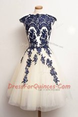 Noble A-line Prom Dresses Blue And White Scalloped Tulle Cap Sleeves Knee Length Zipper