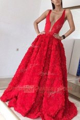 Red Prom Gown Prom and Party and For with Appliques V-neck Sleeveless Brush Train Zipper