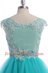 Aqua Blue V-neck Neckline Appliques Prom Evening Gown Sleeveless Backless