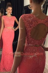Mermaid Lace Watermelon Red Prom Dresses Prom and For with Beading and Appliques Bateau Sleeveless Sweep Train Backless