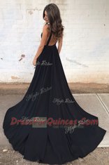 Customized Black A-line V-neck Sleeveless Chiffon With Train Court Train Backless Ruching Evening Dress