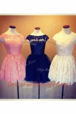 Best Selling Scoop Lace Knee Length A-line Cap Sleeves Baby Pink Prom Dress Backless