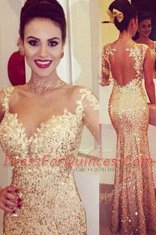 Mermaid Long Sleeves Floor Length Lace and Appliques and Sequins Backless Evening Dress with Gold