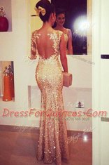 Mermaid Long Sleeves Floor Length Lace and Appliques and Sequins Backless Evening Dress with Gold