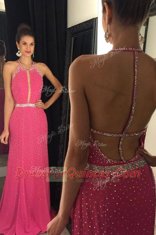 Suitable Hot Pink Prom Party Dress Prom and For with Beading Scoop Sleeveless Sweep Train Backless