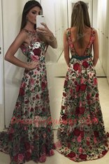 Sumptuous Multi-color Scoop Neckline Lace and Pattern Evening Dress Sleeveless Backless