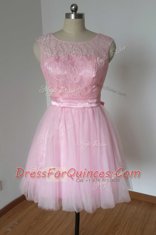 Tulle and Lace Scoop Sleeveless Backless Lace and Bowknot Dress for Prom in Pink