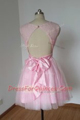 Tulle and Lace Scoop Sleeveless Backless Lace and Bowknot Dress for Prom in Pink