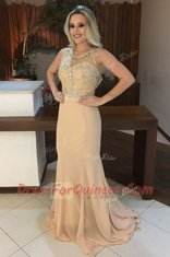 Mermaid Champagne Scoop Backless Beading Dress for Prom Sweep Train Sleeveless