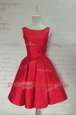 Free and Easy Sleeveless Satin Knee Length Backless Prom Gown in Red with Bowknot