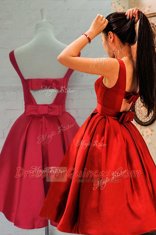 Free and Easy Sleeveless Satin Knee Length Backless Prom Gown in Red with Bowknot