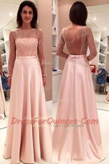 With Train Pink Prom Dress Satin Sweep Train Long Sleeves Beading