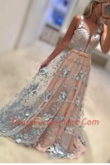 Glorious Lace With Train Peach Dress for Prom Bateau Sleeveless Sweep Train Zipper