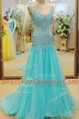 Best V-neck Sleeveless Brush Train Beading Aqua Blue Organza