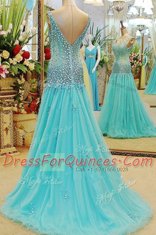 Best V-neck Sleeveless Brush Train Beading Aqua Blue Organza