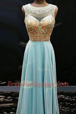 Scoop Floor Length Aqua Blue Chiffon Sleeveless Beading