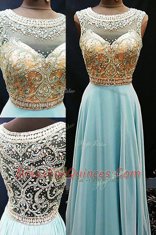 Scoop Floor Length Aqua Blue Chiffon Sleeveless Beading