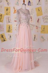 Classical Scoop Long Sleeves Brush Train Zipper Prom Dresses Pink Chiffon